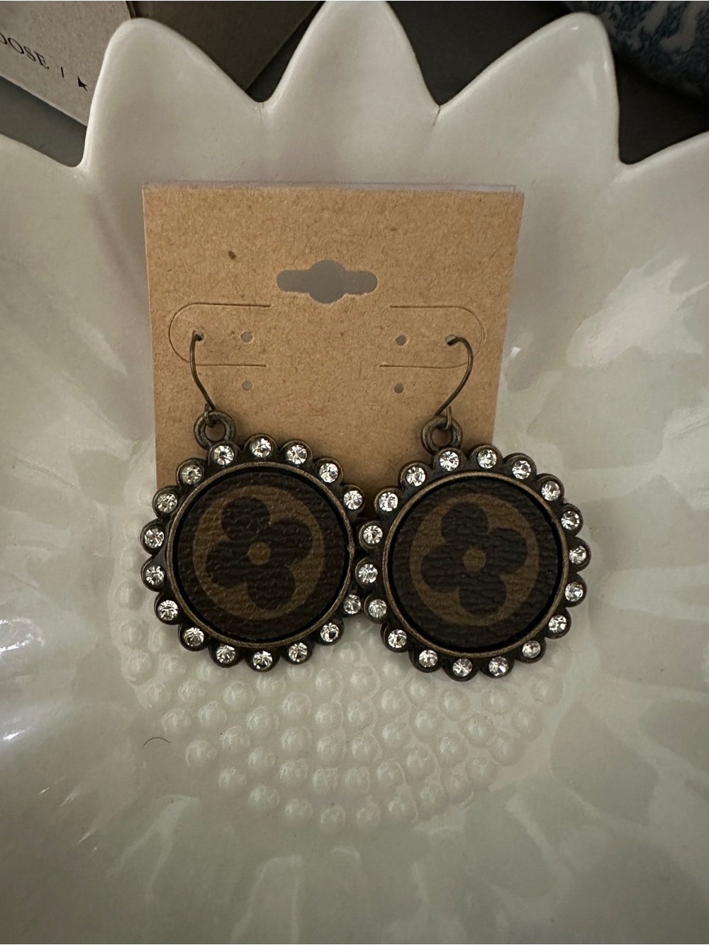 Brown Floral Round Drop Earrings with Rhinestone Halo